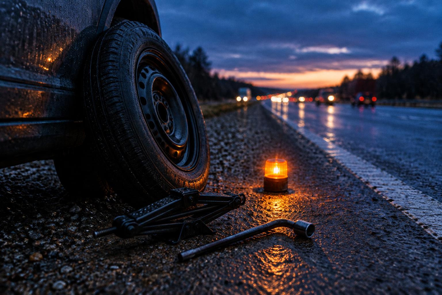 Spare tire, scissor jack and lug wrench on a road shoulder at dusk