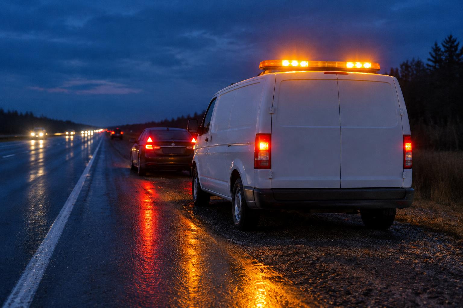 Mobile service van with an amber light bar parked behind a car on a highway shoulder